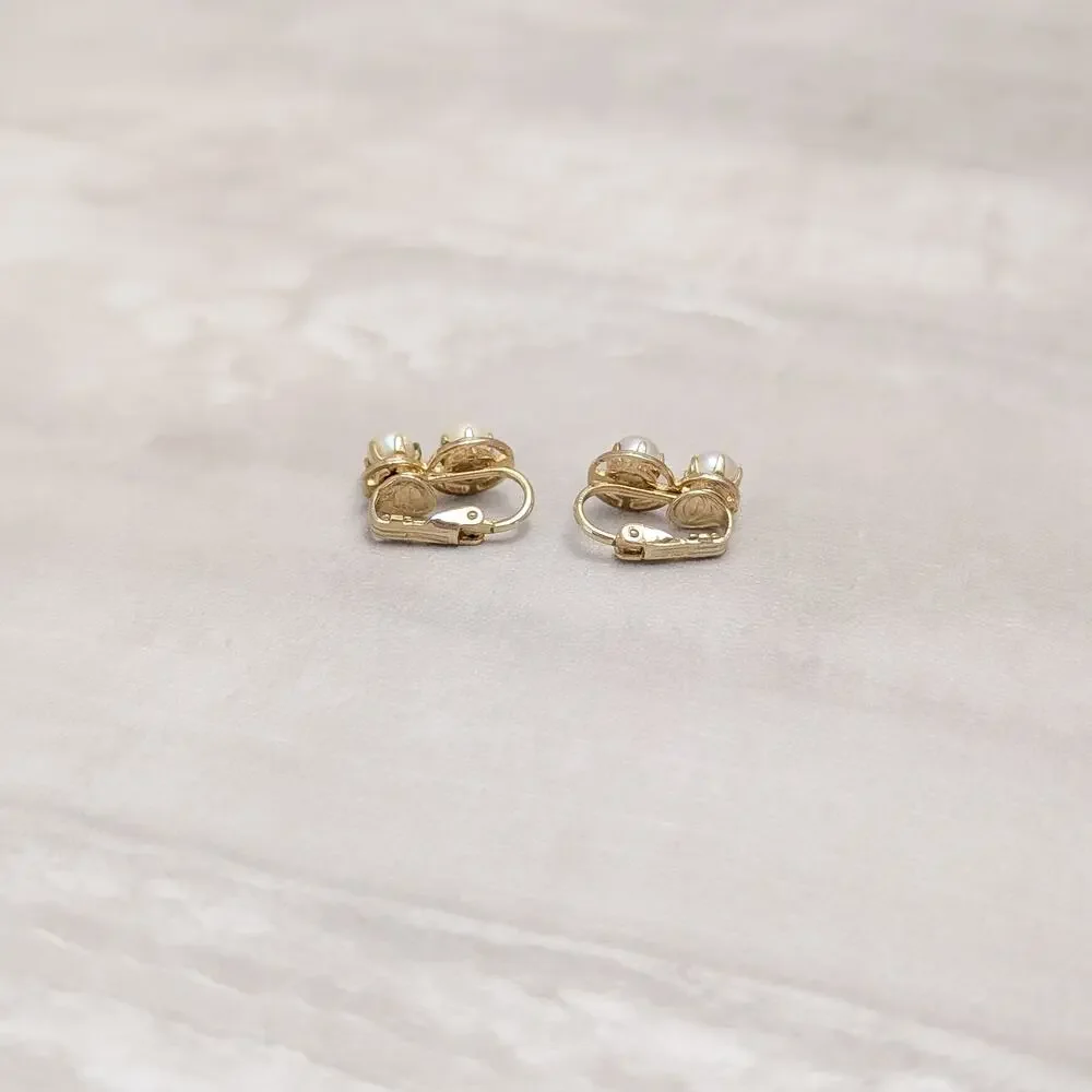 Vintage Clip On Earrings Stylish Geometric Faux Pearl & Gold Tone Duo